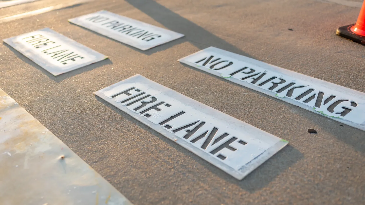 Stencils saying Fire Lane and No Parking